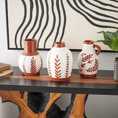 White or Blue Ceramic Floral Vase with Terracotta Colored Detailing (Set of 3)