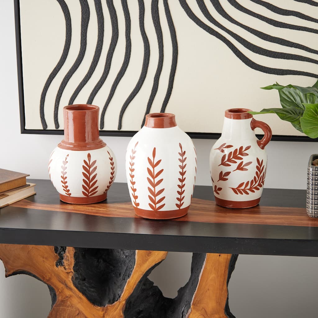 White or Blue Ceramic Floral Vase with Terracotta Colored Detailing (Set of 3)