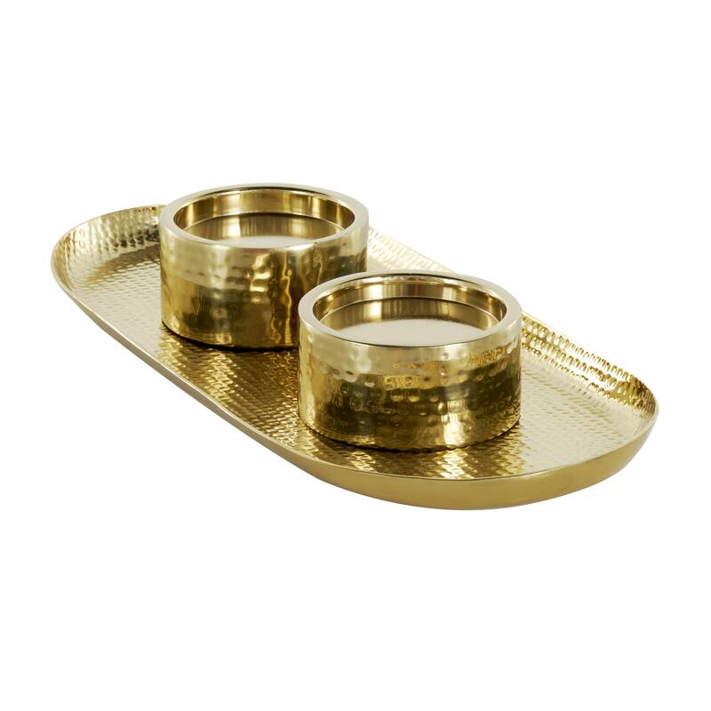 Stainless Steel Metal Hammered Decorative Candle Holder with Oval Tray Plate - Silver or Gold - Roche River Decor