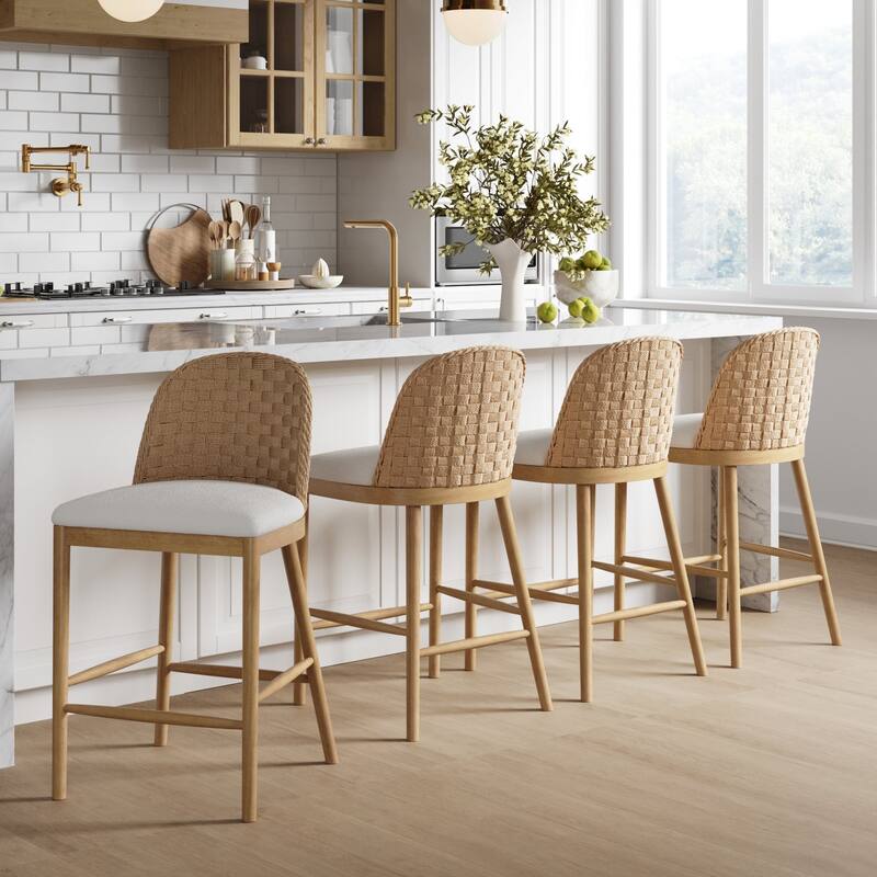 Rikki Seagrass Bar Stool with Back, Cream Boucle Counter Stool with Upholstered Seat and Solid Wood Legs