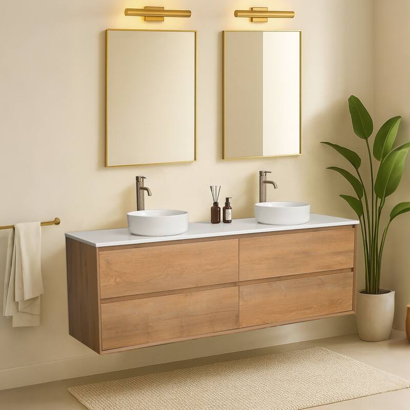 72" Floating Bathroom Vanity Quartz Counter Top with Double Ceramic Vessel Sink - Square Sink