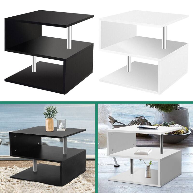 3 Tier S-Shaped End Table Wood Side Table with Storage Shelf - 20.7"H x 17.3"W x 14.9"D