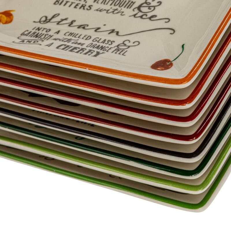 Stoneware Plate Set with Cocktail Recipes Design - 6.0"L x 6.0"W x 0.5"H