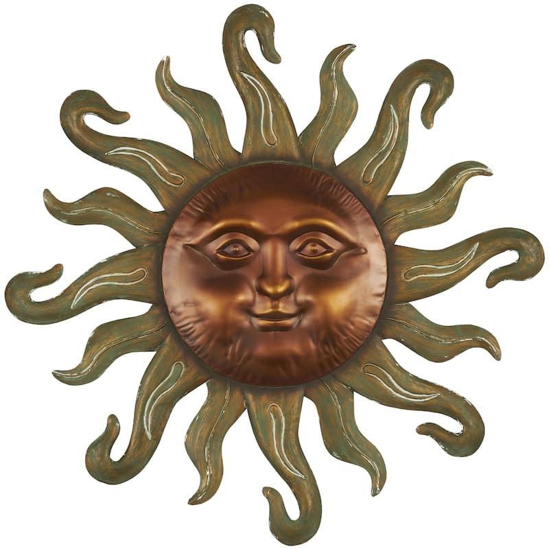 Metal Sun Home Wall Decor with Smiling Face and Curved Rays - Copper or Bronze - Roche River Decor - Copper - 31"D
