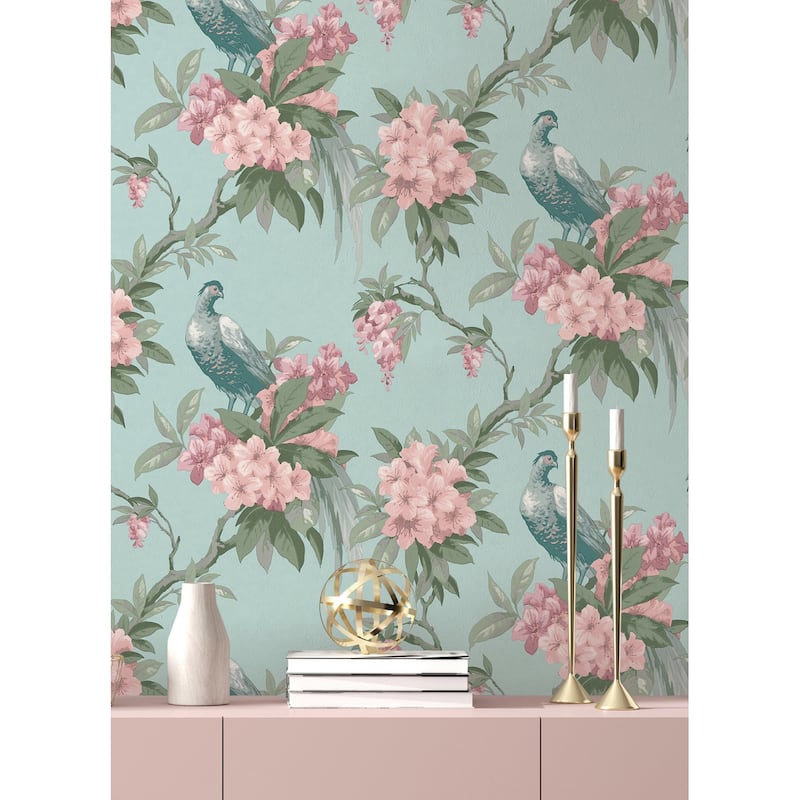Brewster Golden Pheasant Aqua Floral Wallpaper