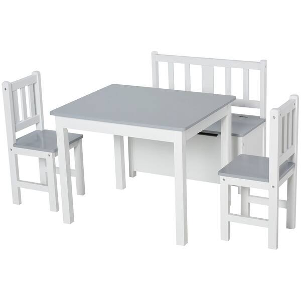 slide 2 of 18, 4-Piece Kids Table Set with 2 Wooden Chairs, 1 Storage Bench, Grey Grey