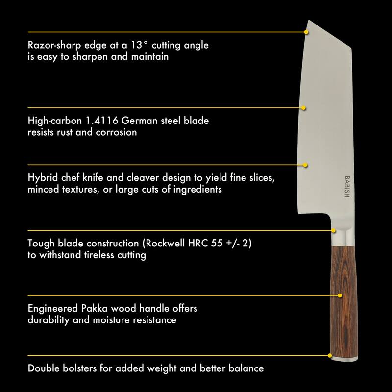 Babish High Carbon 1.4116 German Steel Full Tang 7.5-Inch Clef Knife Chef & Cleaver Hybrid for Chopping, Slicing & Prep