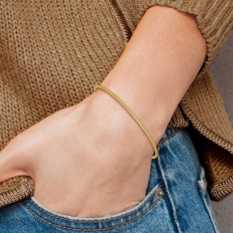 Curata 14k Yellow Gold 8" Textured Twisted Slip on Stackable Bangle Bracelet