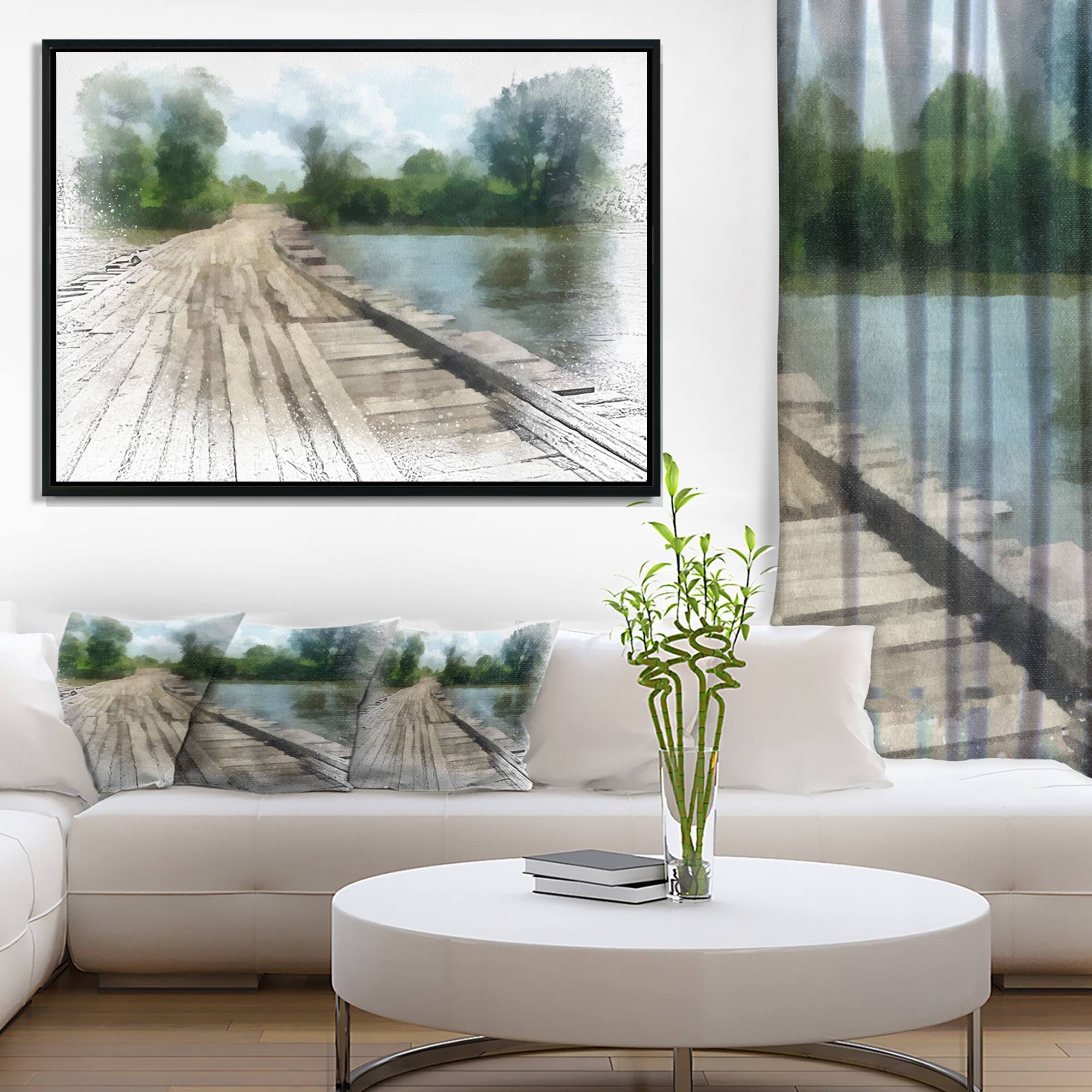Designart "Bridge over Waterfall in Forest" Large Landscape Framed