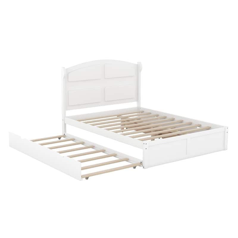 Queen Size Platform Bed with Twin Trundle & 2 Drawers, Wood Platform