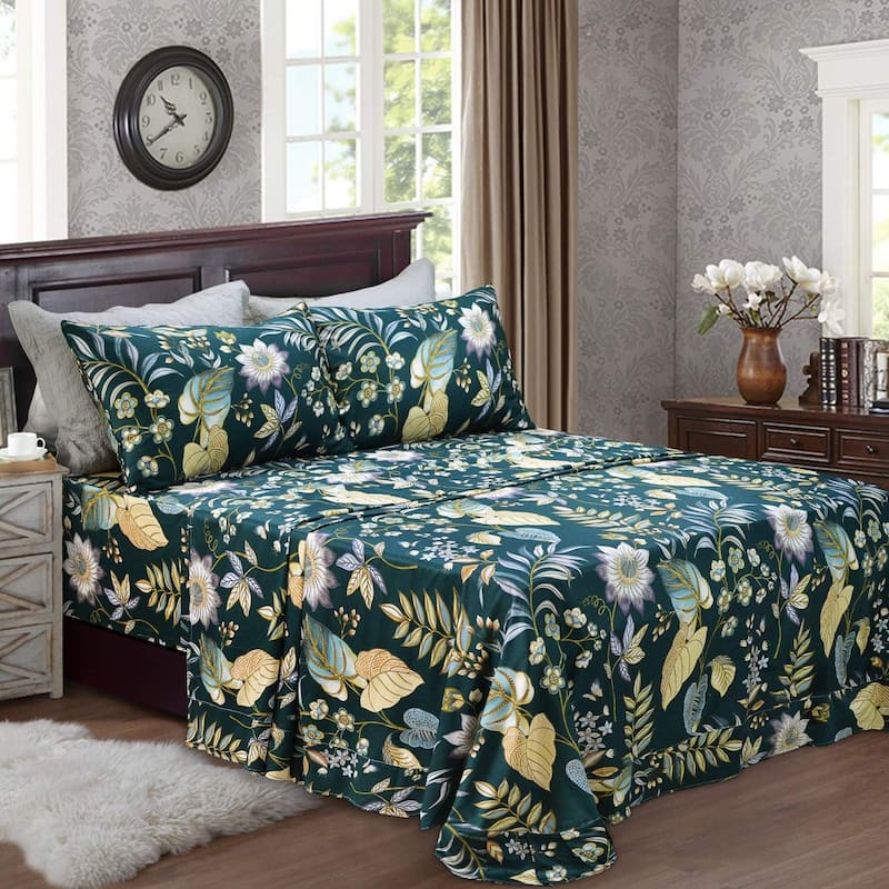 Queen Sheets Set, Floral Bedding Tropical Plam Leave Sunflower, Luxury ...