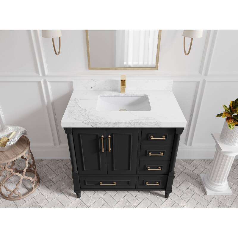 Willow Collections 36 in. W x 22 in. D Aberdeen Center Sink Left Bathroom Vanity with Countertop - 2" Calacatta Nuvo - Black