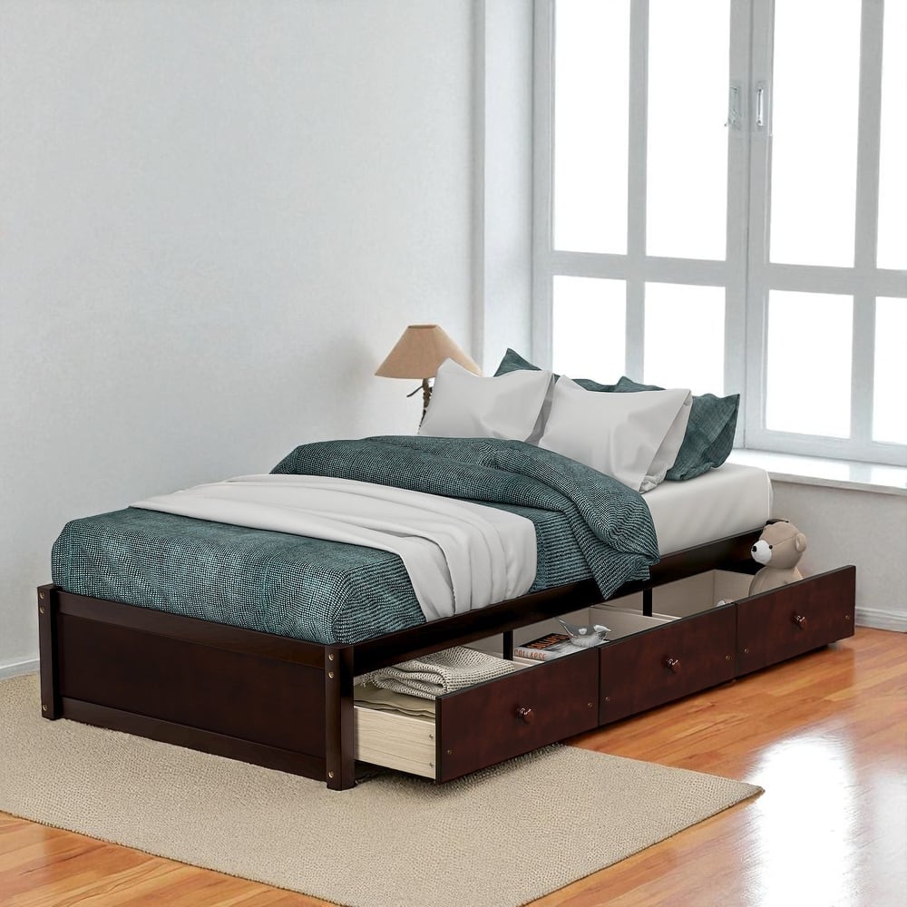Twin Size Platform Bed with 3 Storage Drawers, Solid Pine Wood Frame and Slat Support