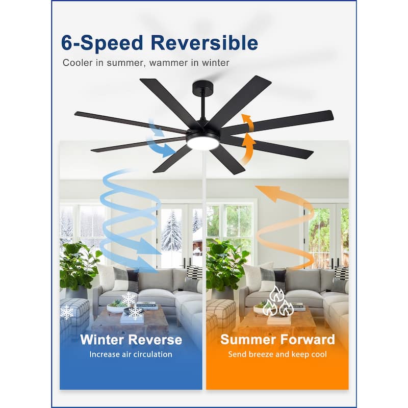 Large Ceiling Fan with Light - 8-Blade, Remote App Control, Dimmable 3CCT, Quiet DC Motor​, 66/72 Inches