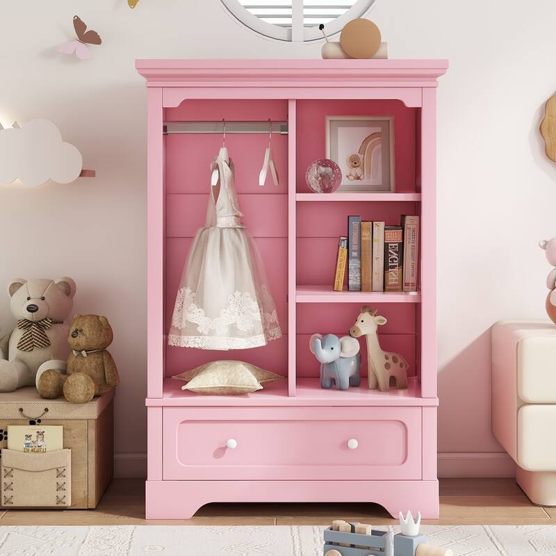 Open Children's Wardrobe with A Hanging Rod and Open Shelves - Pink