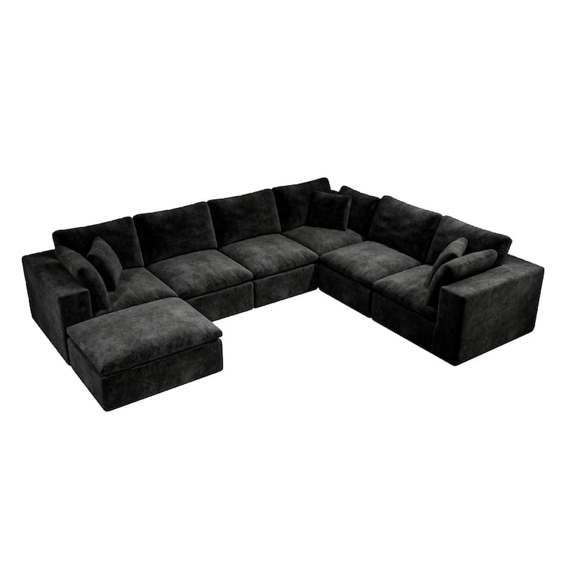 Roomfitters 137.8" Modular Sectional Sofa, 7-Piece Compressed Cloud Couch, No Assembly Required, Plush Corduroy, Black