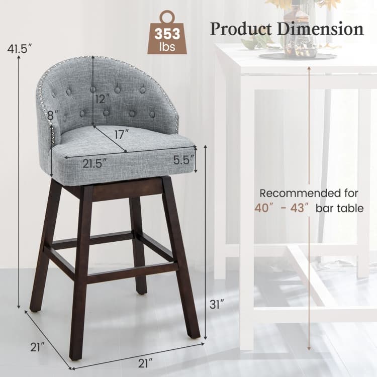 Set of 2 Swivel Bar Stools Tufted Bar Height Pub Chairs with Rubber Wood Legs - 21.5" x 21" x 41.5" (L x W x H)