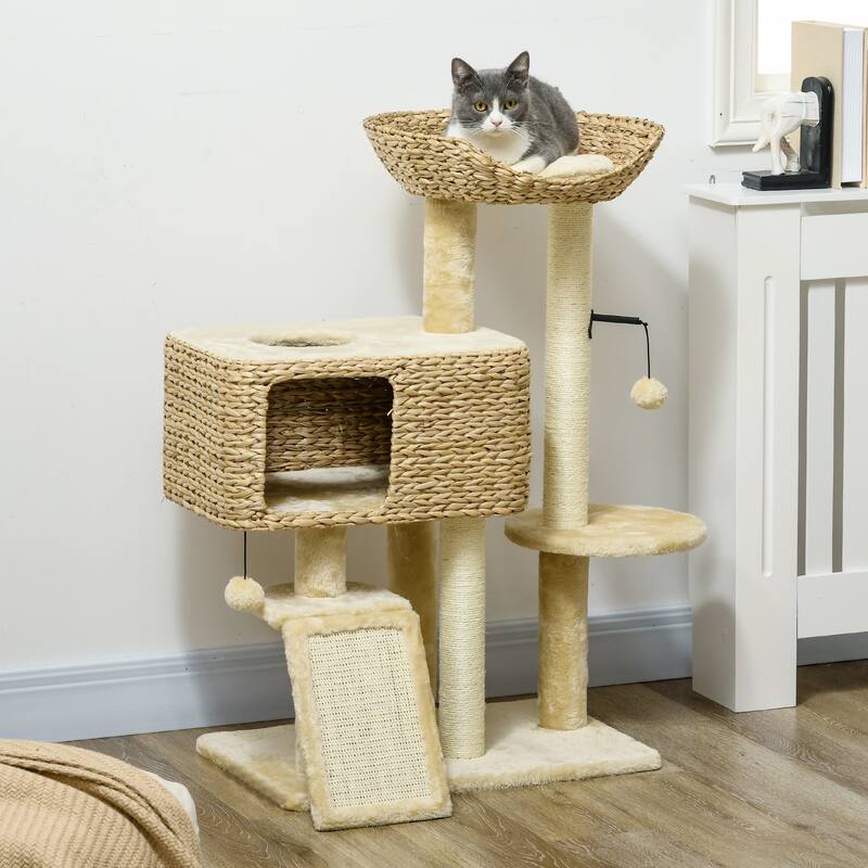 38" Cat Tree for Indoor Cats, Cat Tower with Scratching Posts, Ramp, Condo, Toy Balls, Platform, Bed - Beige