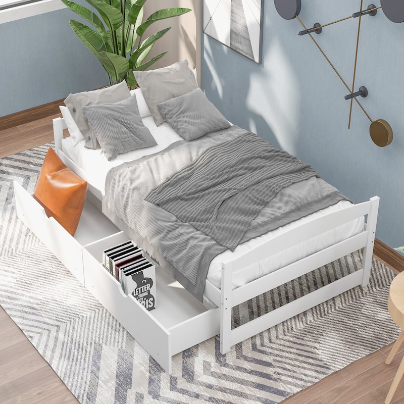 Pine Wooden Bed Frame, Twin Size Platform Bed with Two Drawers Storage Bed for Bedroom, Apartment No Box Spring Required - White