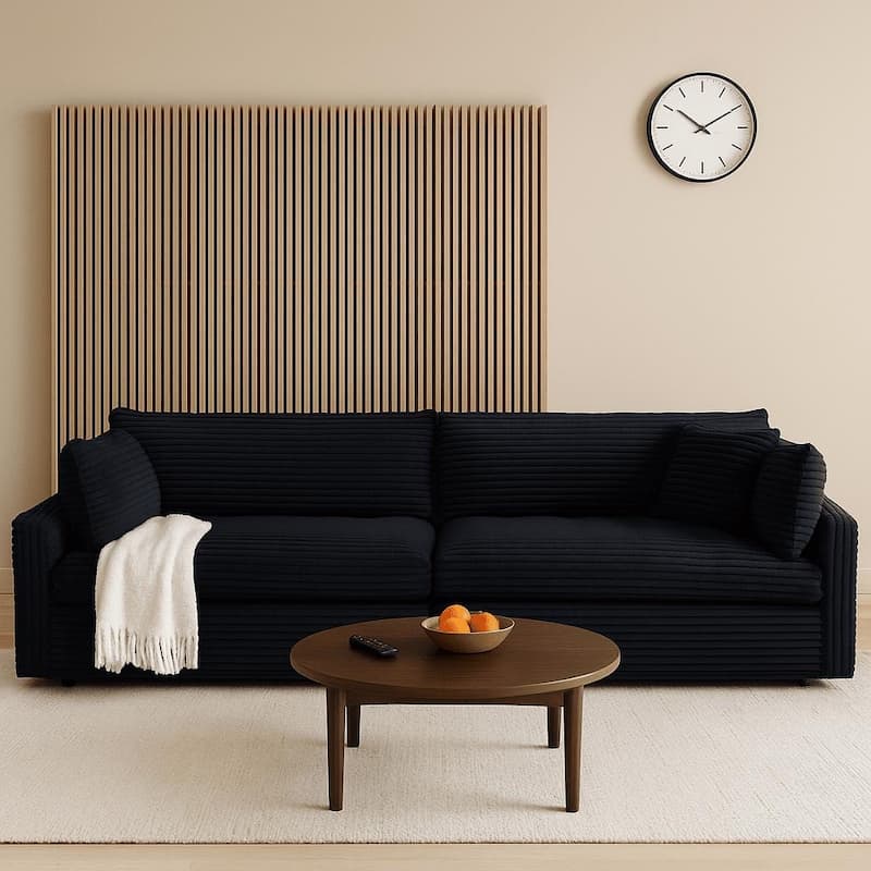 Classic Stylish Corduroy Fabric Upholstered Three-Seater Sofa with Two Throw Pillows - Black