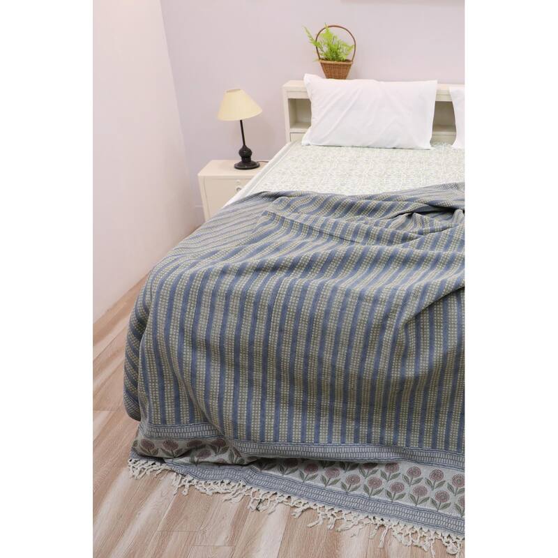 Fabdivine Choco Chips Handwoven 100% Cotton Throw Blanket - Floral Block Print Decorative Sofa & Bed Throw with Fringe, 90"x54" - 90" x 54" - Blue