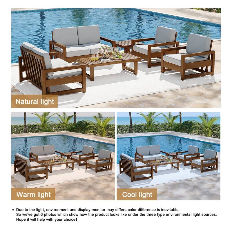 7-Piece Outdoor Teak Wood Conversation Set with Loveseat, Chairs and Tables