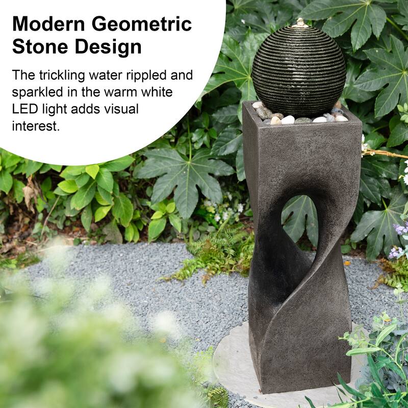 Glitzhome Modern Geometric Oversized Pedestal Sphere Polyresin Outdoor Floor Fountain with Pebbles