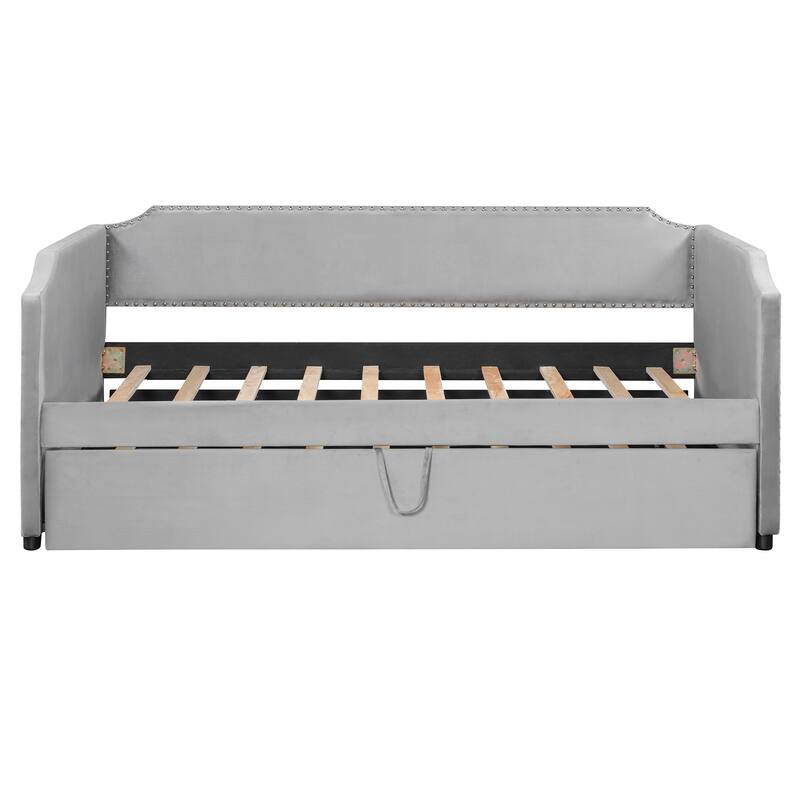 Extendable 2-in-1 Daybed Frame, Space-Saving Twin to King Design,Twin Size Velvet Upholstered Daybed with Pop Up Trundle