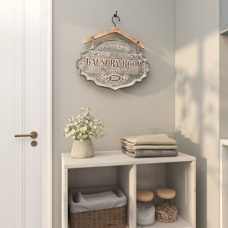 Gray Metal Laundry Room Sign Home Wall Decor with Brown Wood Hanger