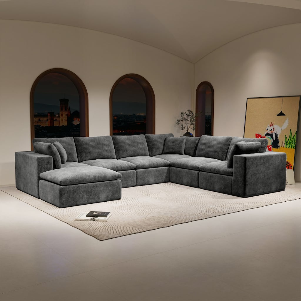 Roomfitters 137.8" Modular Sectional Sofa, 7-Piece Compressed Cloud Couch, No Assembly Required, Plush Corduroy, Grey