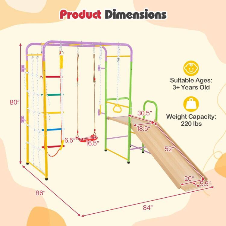 Multicolor Metal Plywood 8-in-1 Indoor Climbing Playset with Slide and Swing - Multi Color - 86" × 84" × 80"