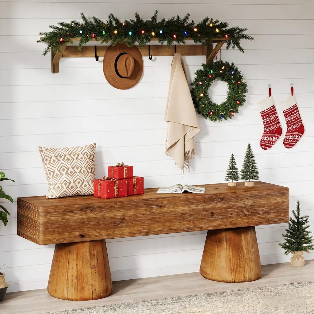 47" Solid Wood Entryway Shoe Bench, Farmhouse End of Bed Bench