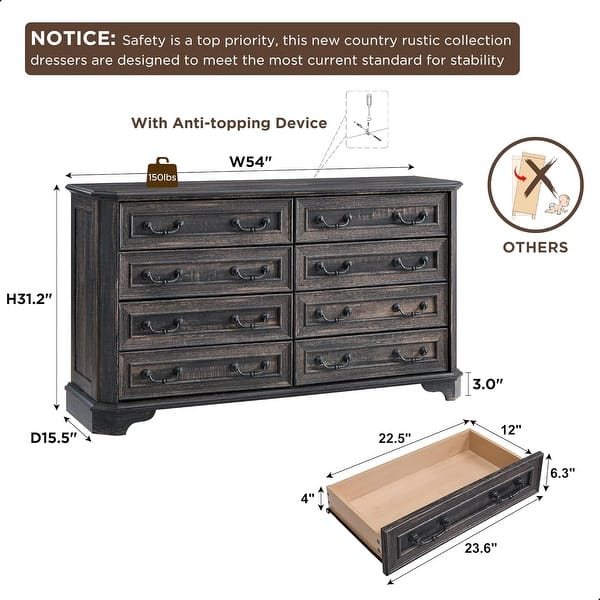 dimension image slide 13 of 19, Farmhouse Drawers Dresser, Wood Chest of Drawers, Dressers Organizer