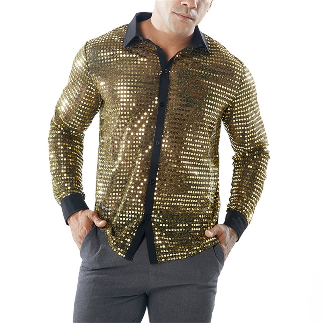 Shop Mens Hipster Gold Dress Shirts Slim Fit Long Sleeve Mesh