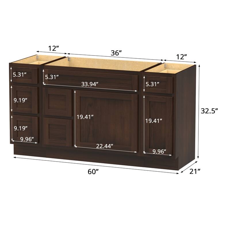 Vanity Art 60" Oak Freestanding Bathroom Vanity Cabinet without Top