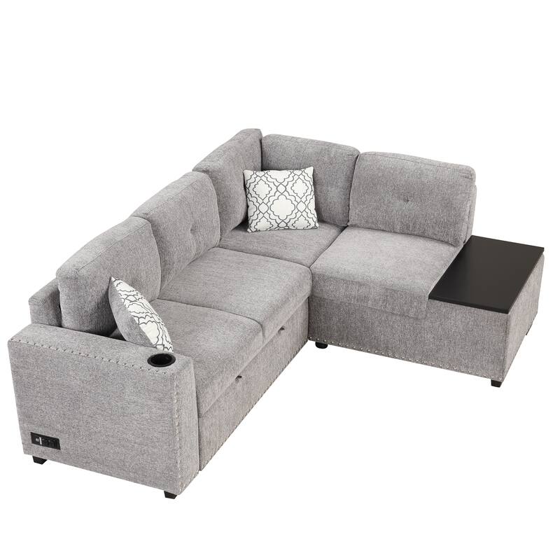 83.8" Pull-Out Sofa Bed with Storage Chaise, USB Ports, Power Outlets, and Cup Holders for Living Room