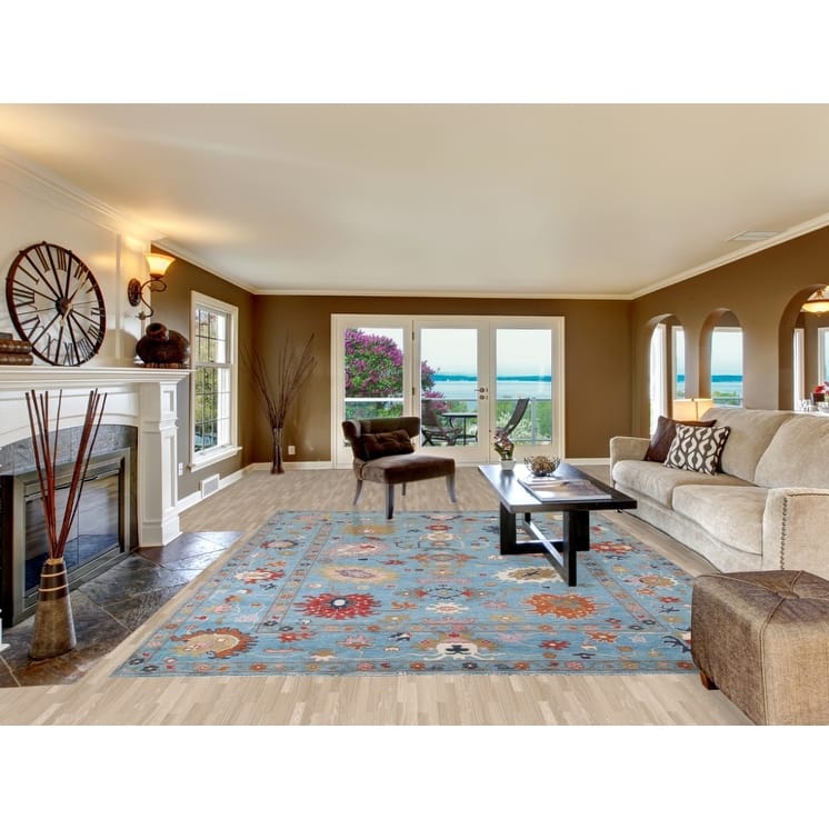 Blue Floral Oushak Area Rug Handmade Oriental Wool Carpet - 8'10"x 11'9"