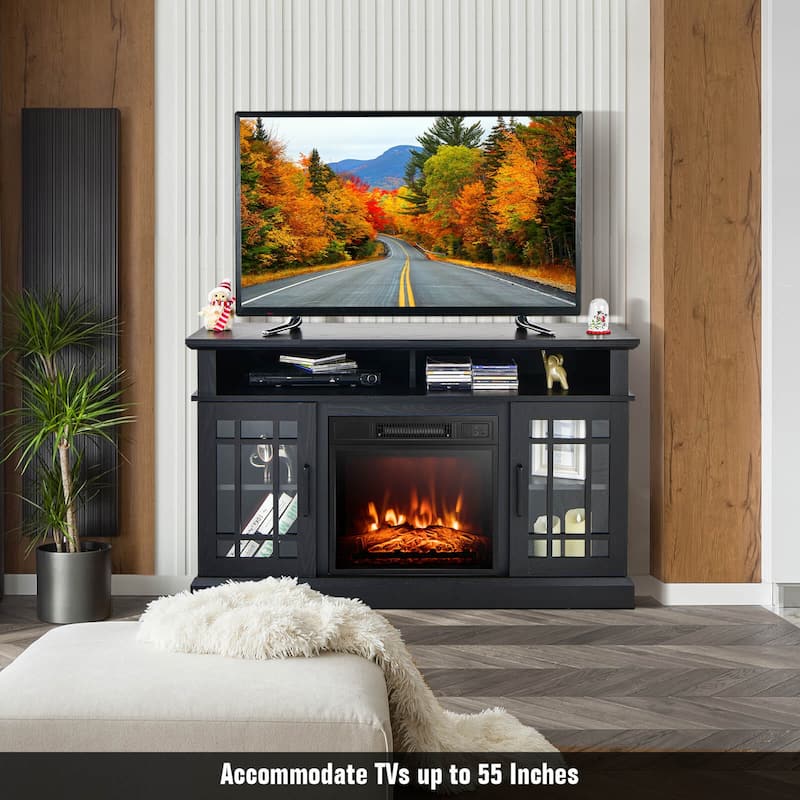 48 Inch Electric Fireplace TV Stand with 2 Side Cabinets and 2 Open Shelves - 48" x 16" x 30" (L x W x H)