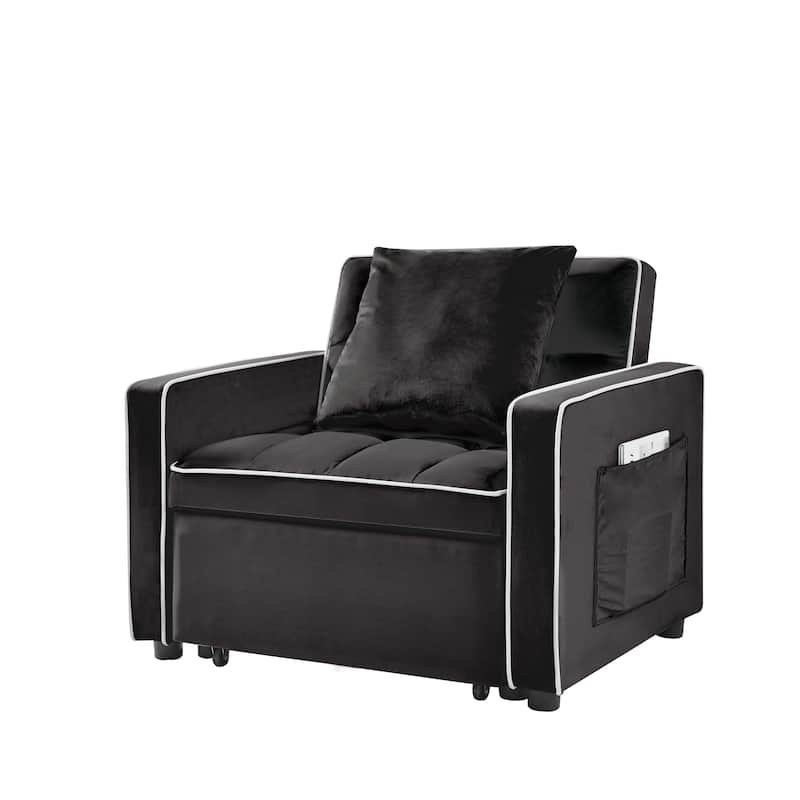 Black Modern 35.43" 3 in 1 Single Velvet Sofa Bed with Adjustable Back and Pocket for Living Room