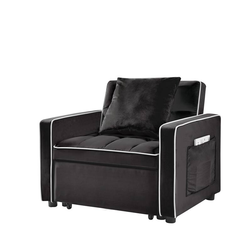 Velvet Folding Sofa Bed, Loveseat Lounge Couch With Adjustable Backrest, Side Pockets Modern Single Chair Bed - Black
