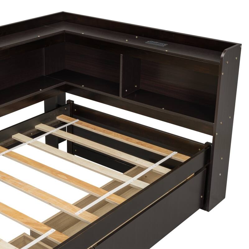 Twin Size L-shaped Bookcases Bed with Power Outlets, USB Charging Ports and Two Drawers