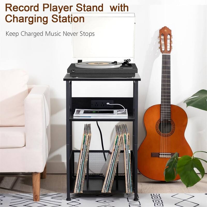 Record Player Stand with Charging Station - 15.75 x 11.41 x 25.59 