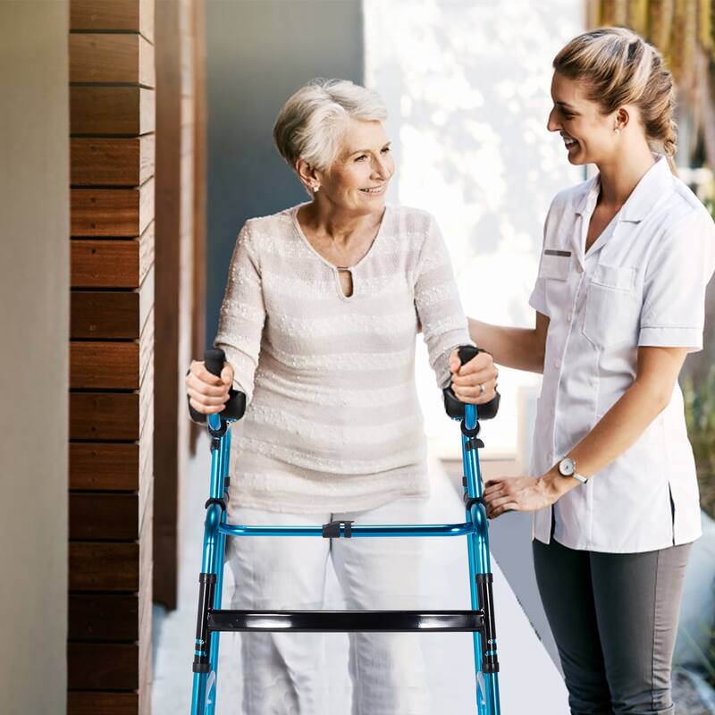 Costway Folding Wheel Walking Frame Adjustable Alloy Walker W/Armrest - See Details