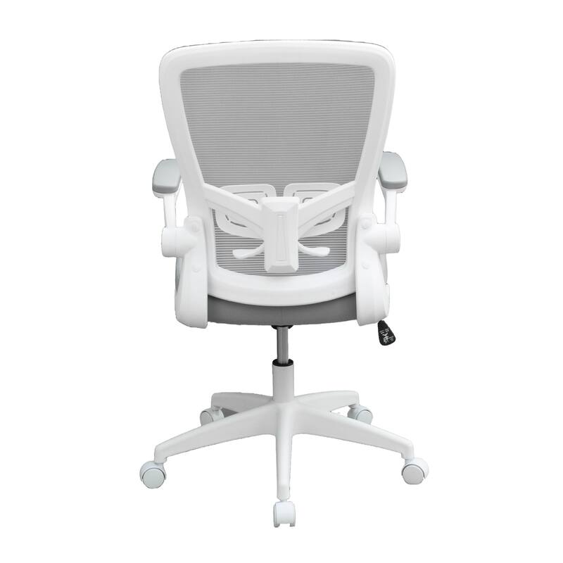 Rolling Task Chair, Gray Mesh, White Flip Up Arms, Upright Locking