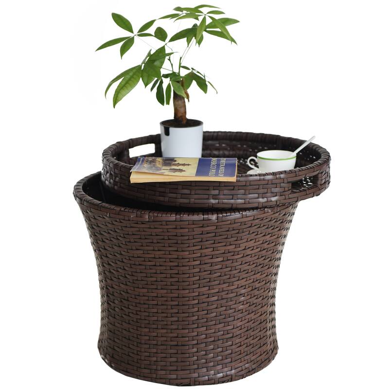 20 Inch Wide Patio Accent Side Table with Storage - Brown