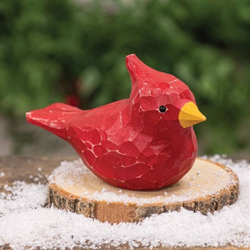 Wood Carved Cardinal Sitter Red Bird Figurine Winter or Everyday Tabletop Decor - 2.5” high by 4” wide by 1.75” deep