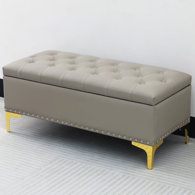 Adeco Rectangle Storage Ottoman 38" Button Tufted Long Bench with Metal Legs - Elephant-Grey