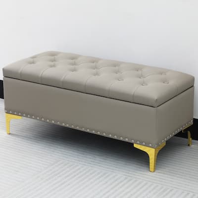 Adeco Rectangle Storage Ottoman 38" Button Tufted Long Bench with Metal Legs