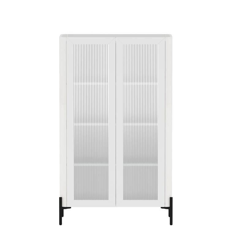 Manhattan Comfort Modern Abbey Décor Ribbed Tempered Glass Cabinet with Adjustable Shelves in White