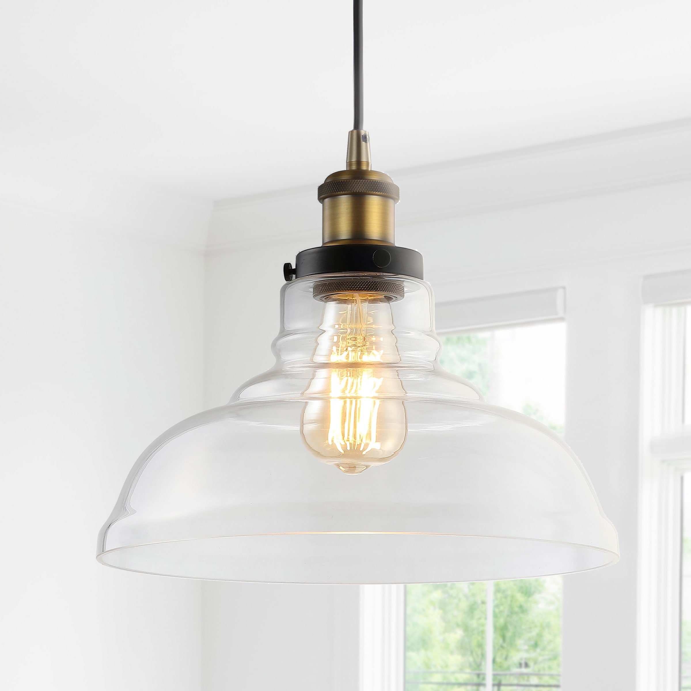 JONATHAN Y Fontaine 11" Farmhouse Metal/Glass LED Pendant, Brass Gold